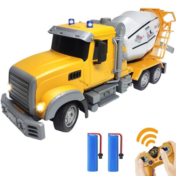 KNACKTOYZ RC Cement Mixer Toy Truck for Boys - 6 Channel Remote Control Construction Toys with 2 Rechargeable Batteries, 1:24 Auto Demo 360 Degree Stirring Vehicles with Lights, for Kids