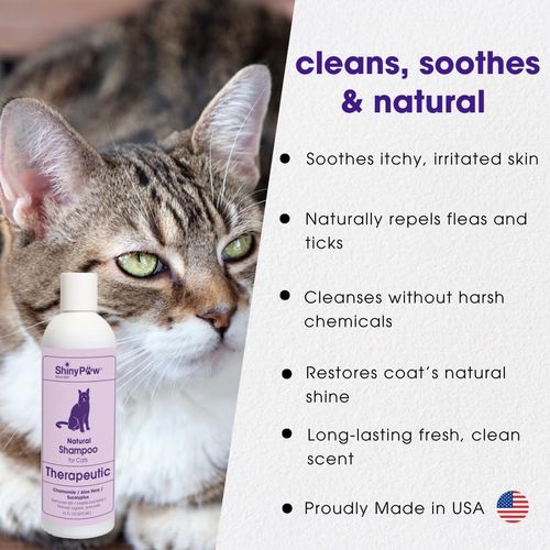 Natural Cat Shampoo for Itchy Skin with Chamomile, Aloe Vera & Eucalyptus by Shiny Paw 16 oz | Hypoallergenic Feline Shampoo for Sensitive Skin Itch Relief | for Adult & Senior Cats | Made in USA