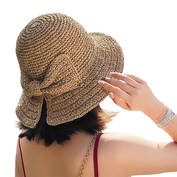 Foldable Wide Brim Floppy Straw Beach Sun Hat,Summer Cap with Bowknot for Women Girls,Strap Adjustable (1 Pack Khaki)