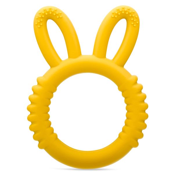 Teething Toys for Baby ab 3 Months Silicone Teething Ring for Soothe Massage Sore Gums 100% Food Grade Silicone and Free of BPA, Ring Shaped Rabbit Ear Design(Yellow)