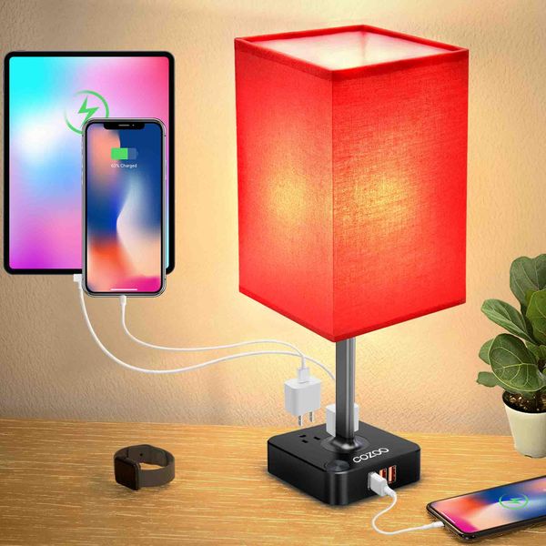 cozoo USB Bedside Table Desk Lamp with 3 USB Charging Ports and 2 Outlets Power Strip,Black Charger Base with White Fabric Shade, LED Light for Bedroom/Nightstand/Living Room (Red)