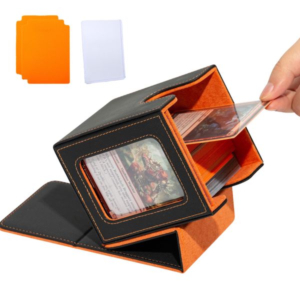 efunkdog Card Deck Box with MTG Commander Display Window, Trading Card Deck Case Holds 100 Double Sleeved Cards, PU Leather Card Storage Box for TCG with 2 Dividers and 1 Toploader (Black&Orange)