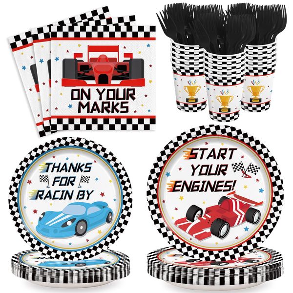 XIENBLOC 120pcs Racing Car Party Plates Napkins Checked Race Car Birthday Supplies Boys Kids Disposable Tableware Set Paper Cups Forks for Race Car Theme Party Decorations,24 Guests