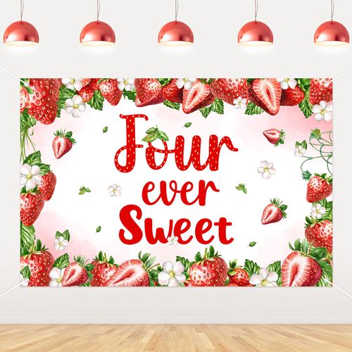 Jollyboom Strawberry 4th Birthday Decorations for Girls, Four Ever Sweet Strawberry Birthday Backdrop Banner 5 x 3 ft Pink and Red Background for 4 Year Old Berry Sweet 4th Birthday Party Supplies