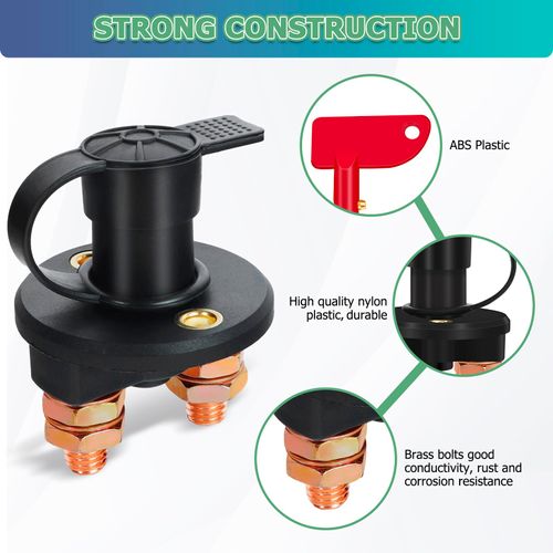 Battery Shut Off Switch 12v 3/8" Bolt, Battery Cut Off Switch 12v Brass, Car Battery Disconnect Switch 12v DC 12-24V with Keys, Copper Ring Terminals for Marine Car Boat Rv ATV Auto Truck by XIOGZAXI
