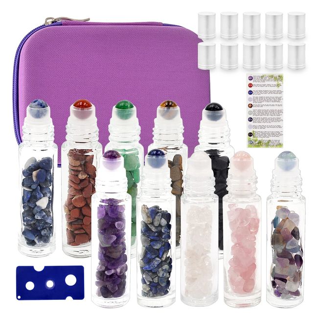 fengshuisale Essential Oil Roller Bottle EVA Carrying Travel Case and 10pcs Essential Oil Gemstone Roller Ball Bottles Frosted Glass Inside 10ml Healing Crystal Chips W3475