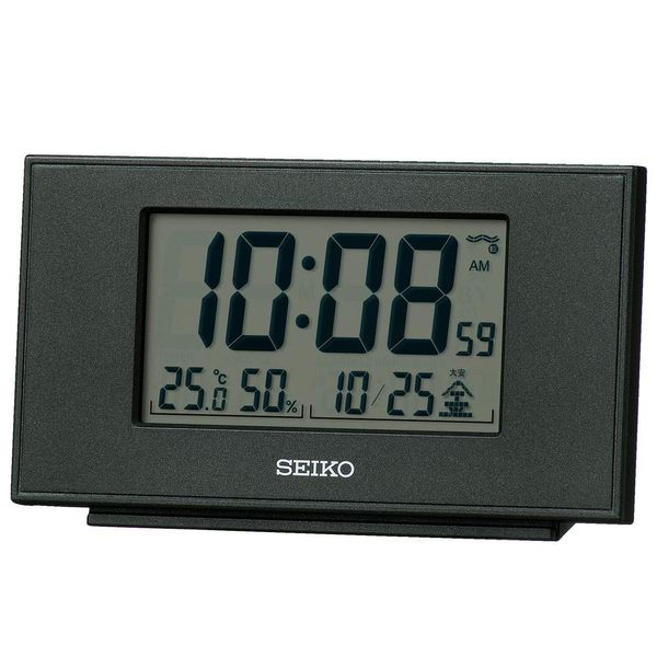 Seiko Clock SQ790K Black Metallic Table Clock, Body Size: 3.1 x 5.3 x 1.5 inches (7.8 x 13.5 x 3.8 cm), Alarm Clock, Radio Waves, Digital Calendar, Temperature, Humidity, Display