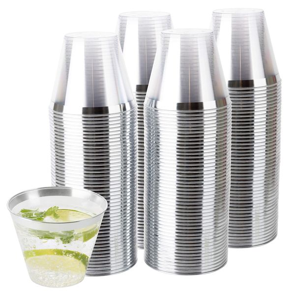 PLASTICPRO 9 oz Disposable Plastic Party Cups,Old fashioned Designed Tumblers, Crystal Clear (Clear With Silver Rim, 200)