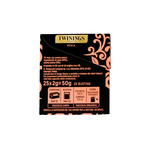 Twinings, Tè Nero Aromatizzato alla Pesca, Gusto Delicato e Vellutato, Infusi e Tisane, 1 Confezione da 25 Filtri
