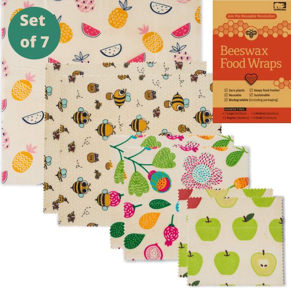 Beeswax Wraps Set of 7 - Reusable Bees Wax Food Storage Wrap. One Tree Planted Per Purchase. Eco Friendly Alternative to Cling Film & Plastic Sandwich Bags. Zero Waste. by Two White Bears