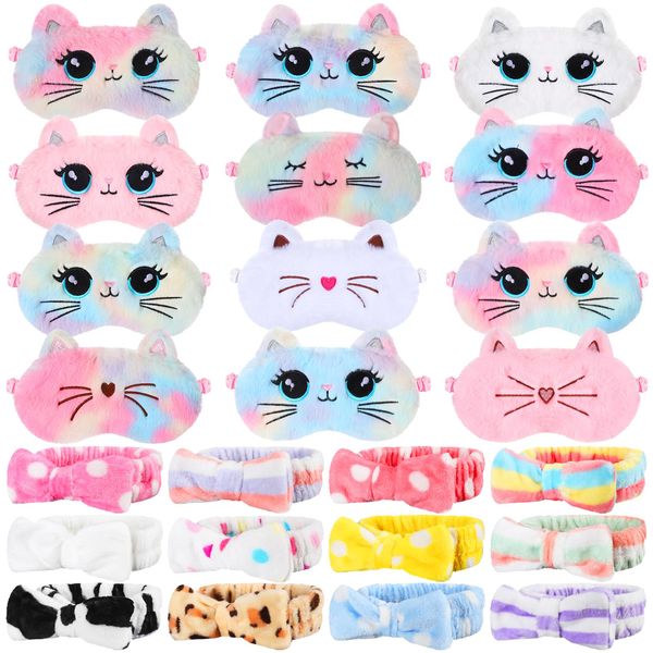 Newcotte 24 Pcs Sleepover Party Supplies for Girls, Includes 12 Pcs Plush Sleep Eye Mask and 12 Pcs Bow Hair Band, Plush Bow Headbands, Fur Face Wash Headband Faux Fur Mask for Women (Vivid Style)