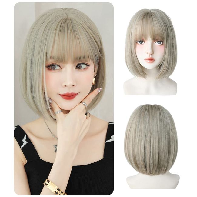 Airimori Bob Wig, Short, Full Wig, Blonde Wig, Straight Short Bob Wig, Bangs, Wig, Natural, Daily, Heat Resistant, Beige Gold