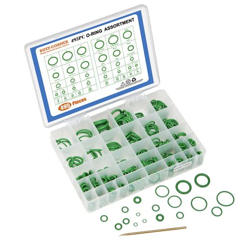 BUSY-CORNER 495 Pieces SAE Metric O Ring Kit with O-Ring Pick & Installation Tools Rubber Washer Orings for A/C Professional Plumbing Automotive(Green Green)
