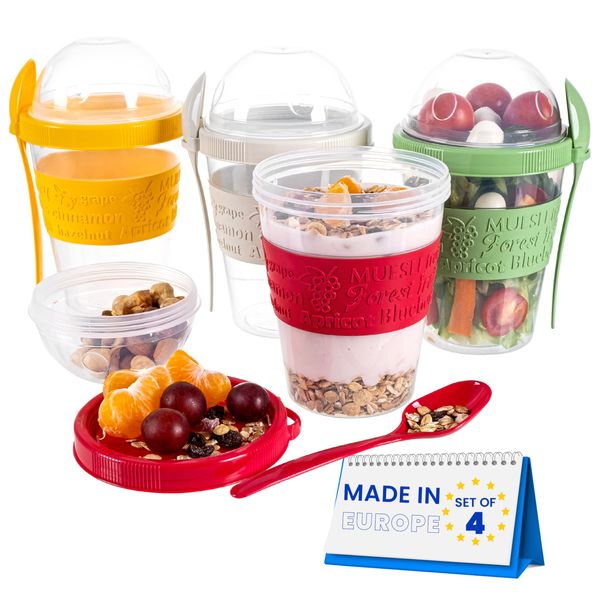 spar-home® Set of 4 Yoghurt Cups To Go 600 ml - Cereal Cups To Go with Spoon Cereal To Go Cups with Lid for Yoghurt Cereal Food on the Go Office School (Set of 4)