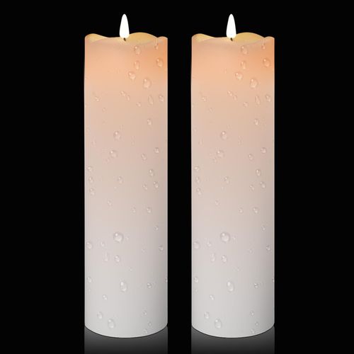 Large Solar Outdoor Flameless Candles, 4"×14" Solar Powered Rechargeable Flickering Pillar Candles, Dusk to Dawn, Waterproof Plastic Fake Candles for Porch Lanterns Patio Decor (White, Set of 2)