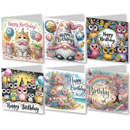 JBTM24 6 Pcs Diamond Painting Birthday Greeting Cards Kits for Adults, 5D Handmade Diamond Art Birthday Card with Envelopes, DIY Greeting Cards Making Kits for Friends Women Mom Grandma