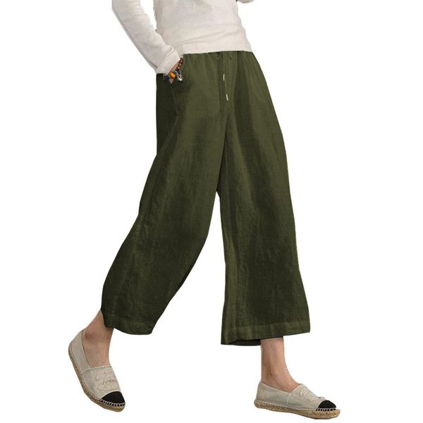 Famulily Cropped Wide Leg Cotton Linen Trousers Womens Summer S Army Green