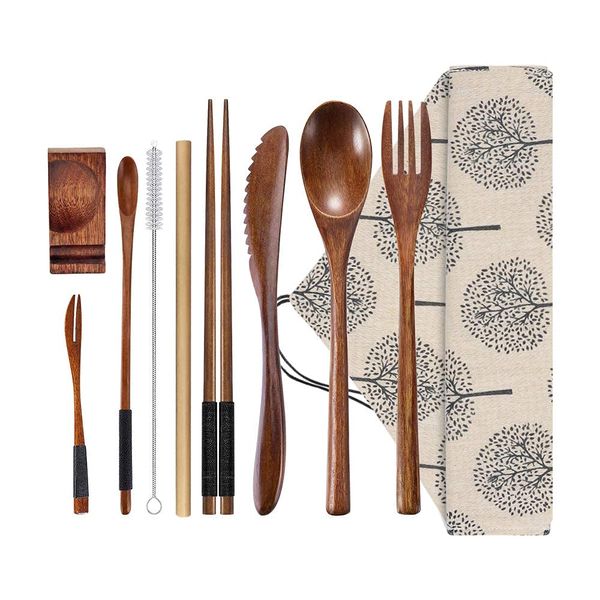 Wiederverwendbares Holzbesteck Set, 9-teiliges Besteck set inklusive Mehrweg Messer Gabel Löffel Stäbchen Strohhalme & Reinigungsbürste