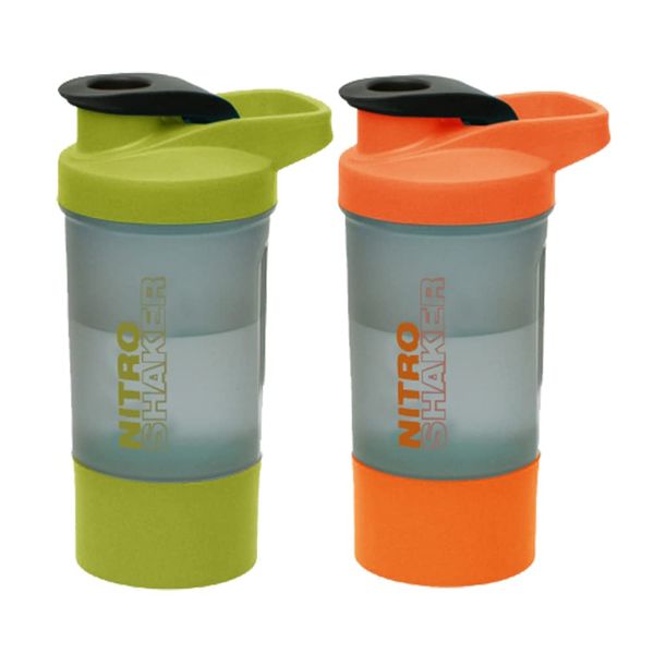 Set of 2 - 600 ML Plastic BPA Free Protien Shaker Bottle with Storage Compartment for Protein Powder Supplements Measurement Scale Steel Mixing Ball Leak Proof Flip Cap Screw Lid (Green & Orange)