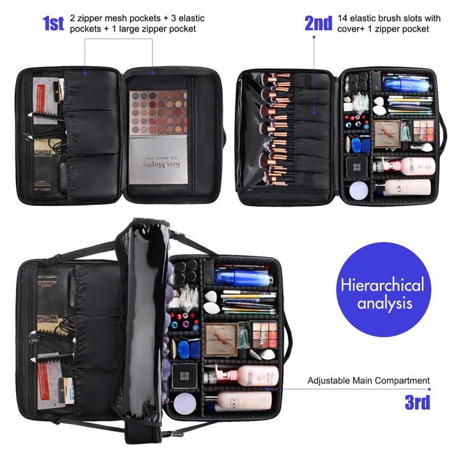  Relavel Makeup Case Large Makeup Bag Professional Train Case  16.5 inches Travel Cosmetic Organizer Brush Holder Waterproof Makeup Artist  Storage Box, 3 Layer Large Capacity, with Adjustable Strap : Beauty