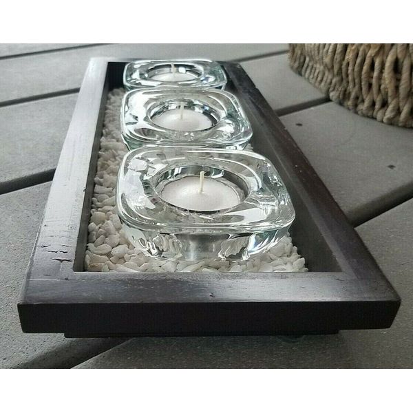 Spa Bath Zen Garden Rock Tabletop Wood Triple Candle Holder Cone Incense Burner