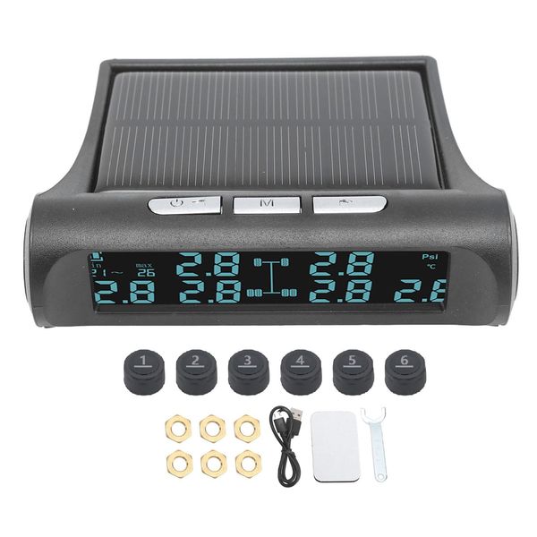 RV Tire Pressure Monitoring System, USB and Solar Power TPMS LCD Display 6 Sensor Tire Pressure Monitor, IP68 Waterproof Monitor for RV Trailer Van SUV Motorcycle