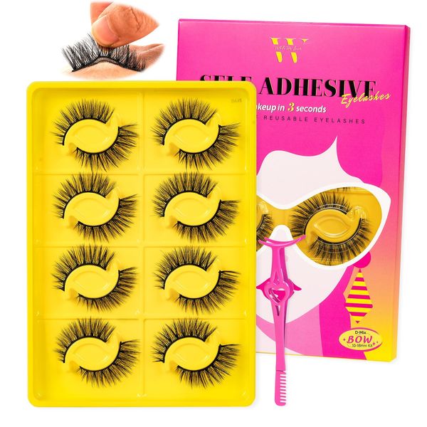 Self Adhesive Eyelashes Lash Clusters 8 Pairs Reusable Adhesive Eyelashes,No Glue Needed,No Sticky Residue Lashes with Tweezers for Diy Lashes Extension at Home by WLFRHD(Bow,D-Mix10-18mm Kit)