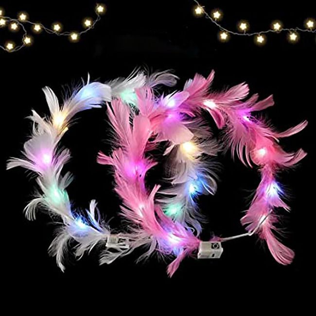 Edary Light Up Headband LED Feather Headbands Luminous Festival Hair Piece Party Hair Accessories for Women and Girls(Pack of 2)