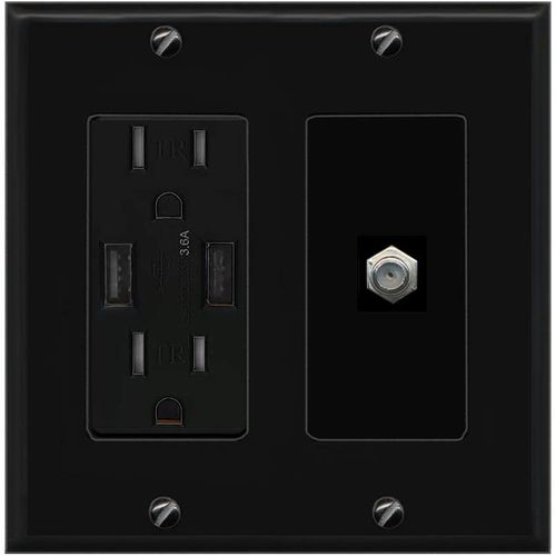 RiteAV 1 Port Coax Cable TV F-Type Wall Plate - USB Charger [Black/Black]