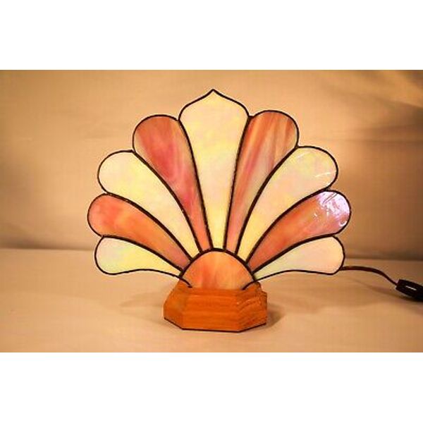 Art Deco style slag glass tabletop fan lamp night light iridescent white pink