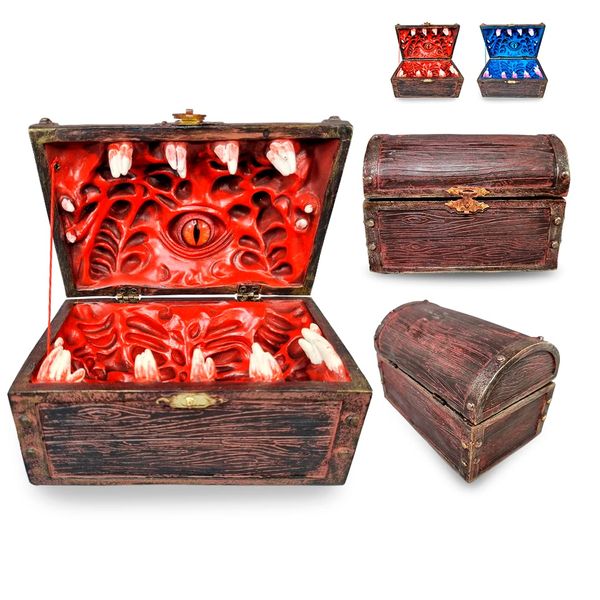 Power Beast Dungeon Mimic Chest Dice Storage Box with Glass Eye, Miniatures and Dungeons and Dragons Accessories, D&D Gift, DND, Dungeon Master, Holds up to 5 Sets of Polyhedral Dice. RPG Game. (RED)