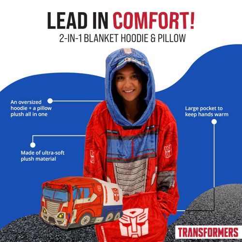 Transformers Plushible Wearable Blanket Hoodie, Hasbro Optimus Prime, 2-in-1 Oversized Hoodie Blanket Pillow, Long Sleeve Sweatshirt Pocket, Cozy Valentine Gift for Men & Women