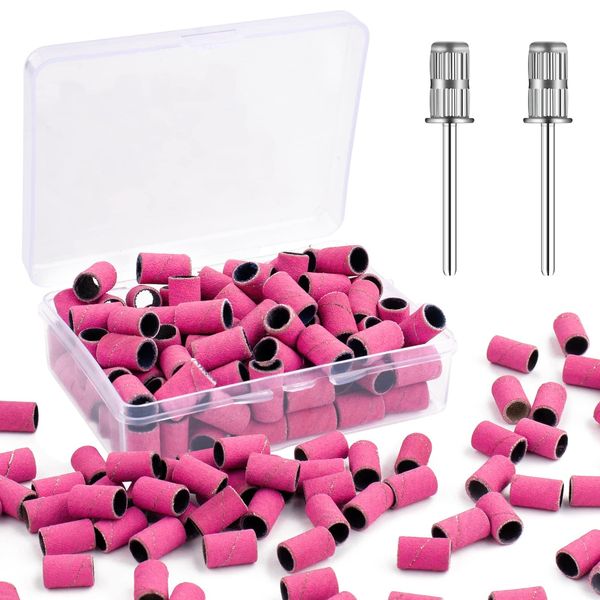 Rolybag Sanding Bands for Nail Drill,Drill Sanding Band 240# Pink with Storage Box,Include 100 Superfine Grinding Wheel Sand Bands and 2 Pieces Mandrel for Most Size 3/32" Nail Drill Machine