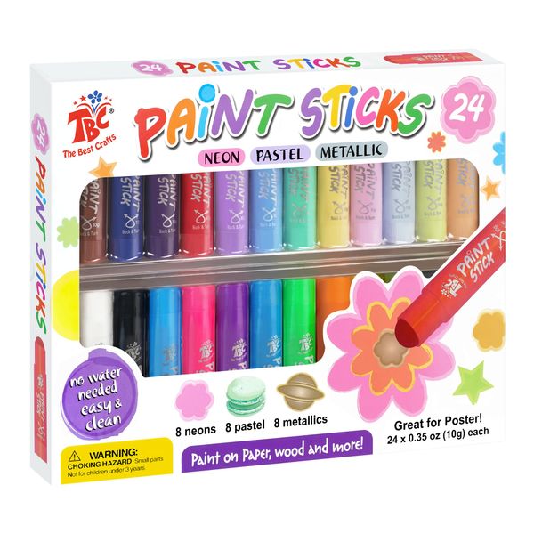 TBC The Best Crafts Paint Sticks, 24 Colors Mixed pack, Washable Paint, Non-toxic, Tempera Paint Sticks for Kids and Students