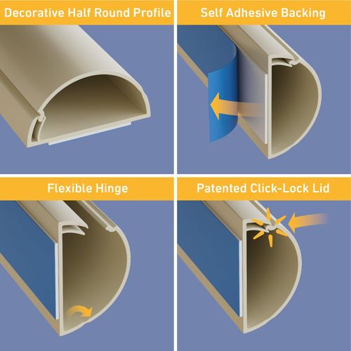 D-Line TV Wire Hider 2-Pack, Half Round Cord Cover for Wall Mount TV, Hinged One-Piece Raceway, Self-Adhesive Cable Management - 2X 1.18 (W) x 0.59" (H) x 15.7" Lengths (31.4in Total) - Beige