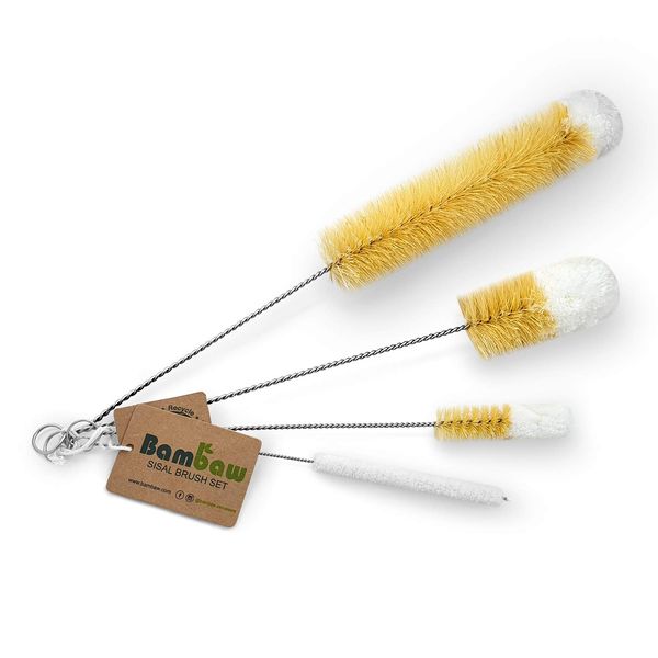 Bambaw Bottle Cleaner Brush Set | 4 Cleaning Brushes | Bottle Brush Cleaner Set | Water Bottle Brush | Bottle Scrubber | Small & Long Bottle Brush for Glass - Soft Cotton Tip to Prevent Scratches