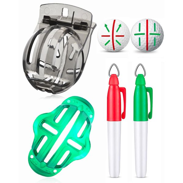 AINTY Golfball Markierer, 2-Pack Golf Ball Line Zeichnung Markierung Ausrichtung Kits, 2-teilige Ball Liner Vorlage und 2-teilige Marker Stifte, Golf Zubehör Kit