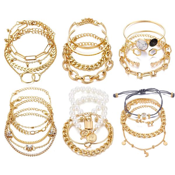 17IF 25 PCS(6 Pack) Dainty Boho Gold Chain Bracelets Set for Women Girls Stackable Chunky Multipack Layered Bangles Adjustable Flat Cuff Cuban Punk Charm Bracelet Bundle Jewelry