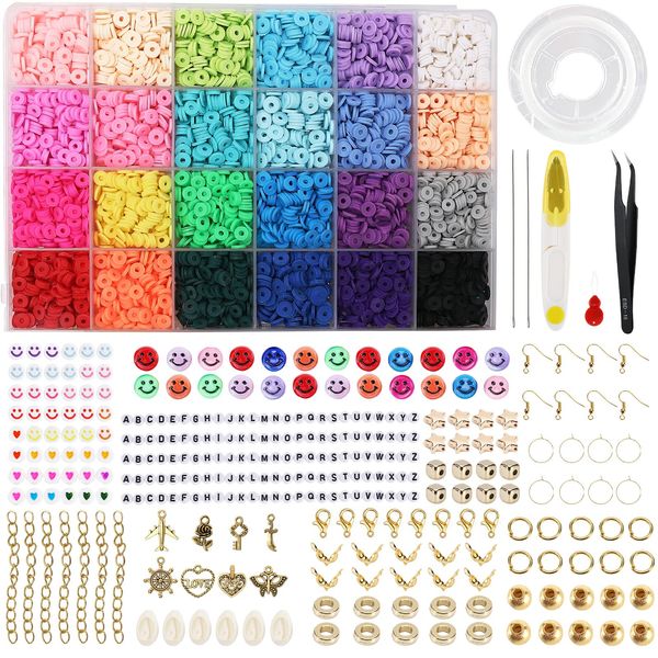 LauCentral 6100+ PCS Clay Beads Kit,Clay Flat Beads Polymer Clay Beads 24 Colours Round, Bracelet Making Kit with Alloy Pendant, Beads Bracelet String for DIY Bracelet Necklaces Jewelry Making Kit