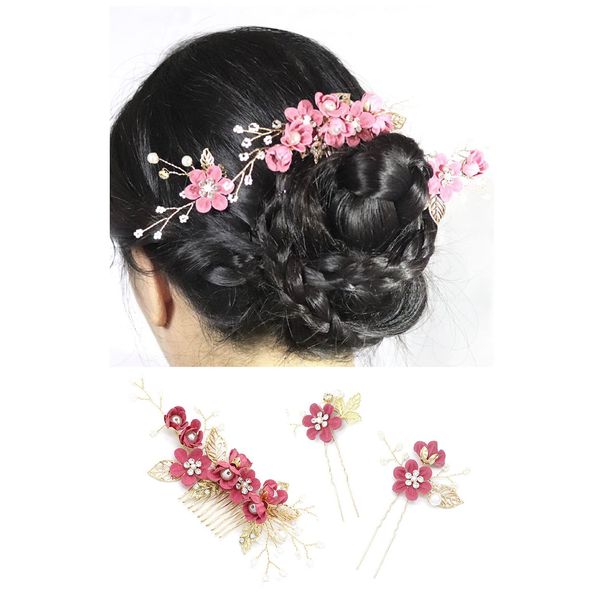 ThanksSender Flower Hair Ornaments 3-Piece Set, Choose from 3 Colors, Wedding Dress, Elegant Colors, Hair Accessories, Hairpins, Flower Headdress 3-Piece Set, Coming of Age Ceremonies, Recitals, Shichi-Go-San (Red Purple)