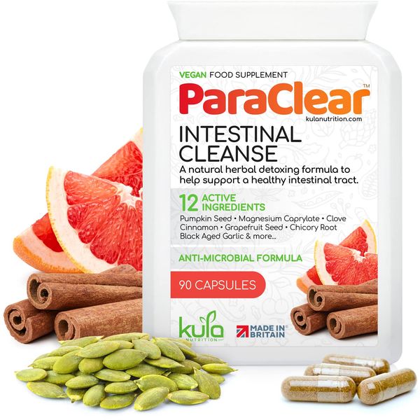 ParaClear - Intestinal Cleanse Complex - Strong Digestive Detox - 90 Vegan Capsules - Natural Herbal Food Supplement with Magnesium, Cinnamon, Cloves, Shiitake Mushroom, Garlic and Pumpkin Seed.