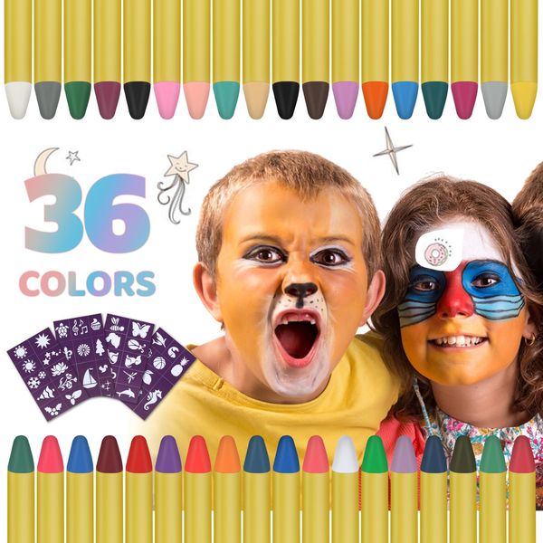 GLEEMEN Face Paint Crayons for Kids, Face Body Painting Makeup Crayons, Face Paint Kit Safe Face Paint for Children, Perfect for Birthday Party Halloween Makeup Cosplay (36 Colors)