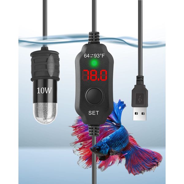 AquaMiracle Adjustable 10W Betta Heater Small Aquarium Heater Submersible Fish Tank Heater 5V/2A USB Powered Super Mini Aquarium Heater with Digital Display Thermostat, for up to 1 Gallon Tanks