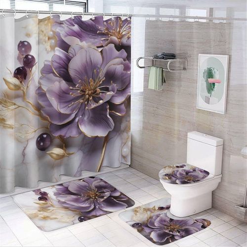 HDESDIS 4Pcs Purple Floral Shower Curtain Set with Rugs, Toilet Lid Cover and Bath Mat, Marble Art 3D Flower Pattern Bathroom Curtains Decor Shower Curtains, 72" x 72"