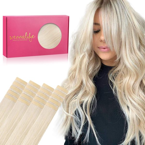 WENNALIFE Tape Extensions Echthaar, 20pcs 50g 60cm 24 Zoll Platinblond Remy Invisible Tape Extensions Seidig Gerade Echthaar Extensions Skin Weft Tape Ins