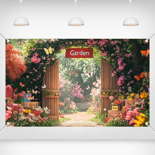 Printspree Garden Spring Banner - 70.8x43.3 Inch, Vibrant Floral Design with Butterflies and Wooden Archway, Ideal for Garden, Patio, Porch, and Seasonal Home Decor