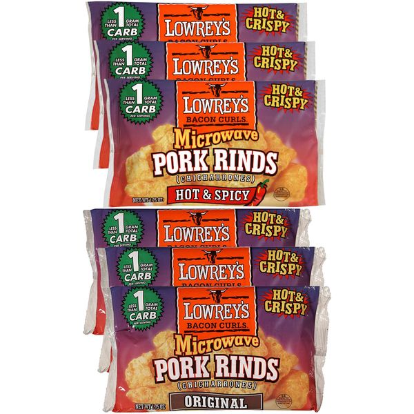 Lowreys Bacon Curls, microwave Pork Rinds Variety Combo, Original & Hot & Spicy, 1.75 Oz (Pack of 6)