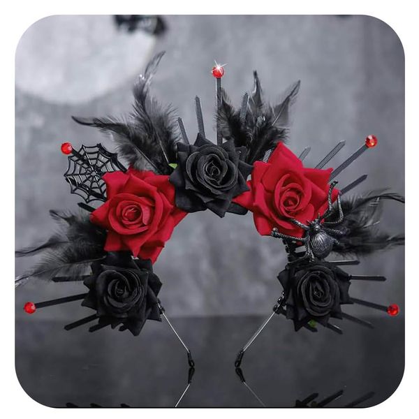 Flimire Black Flower Halo Headband Gothic Day of the Dead Crown Headbands Feather Floral Headpiece Halloween Costume Cosplay Headdress for Women