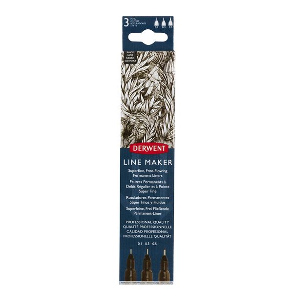 Derwent Black Line Maker Pens Set of 3 Fineliner Pens Assorted Tip Thicknesses Quick Dry Ink for Sketching, Writing, Illustrating and Colouring 2305560