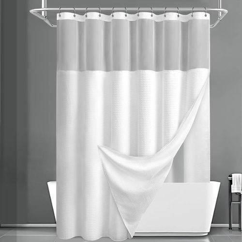 Shower Curtain with Snap in Liner Set White Waffle Shower Curtain with 12 Metal Hooks for Bathroom 72" W x 72" L